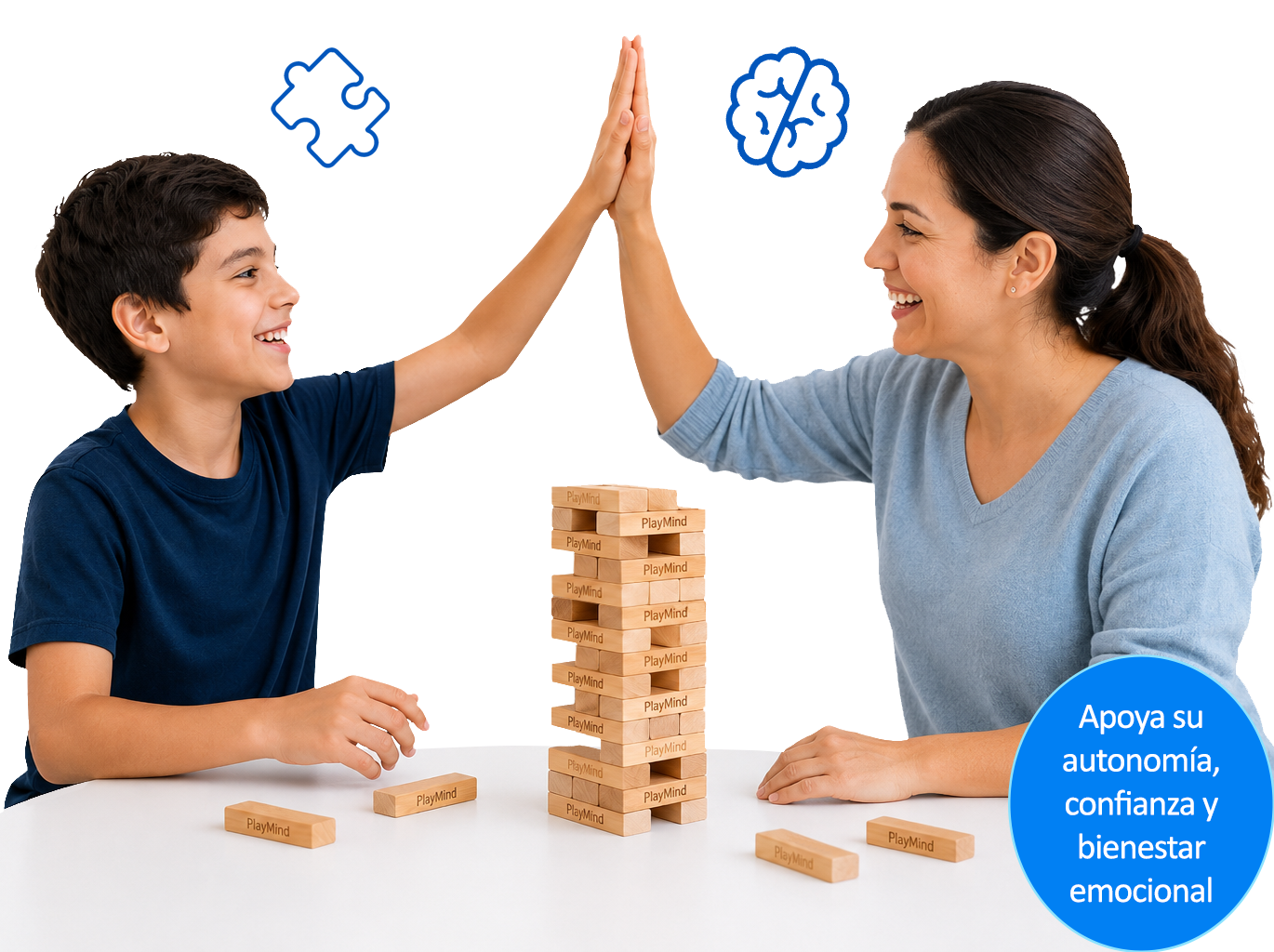 Niño y profesional celebrando mientras juegan EquilibradaMente NeuroDiversidad