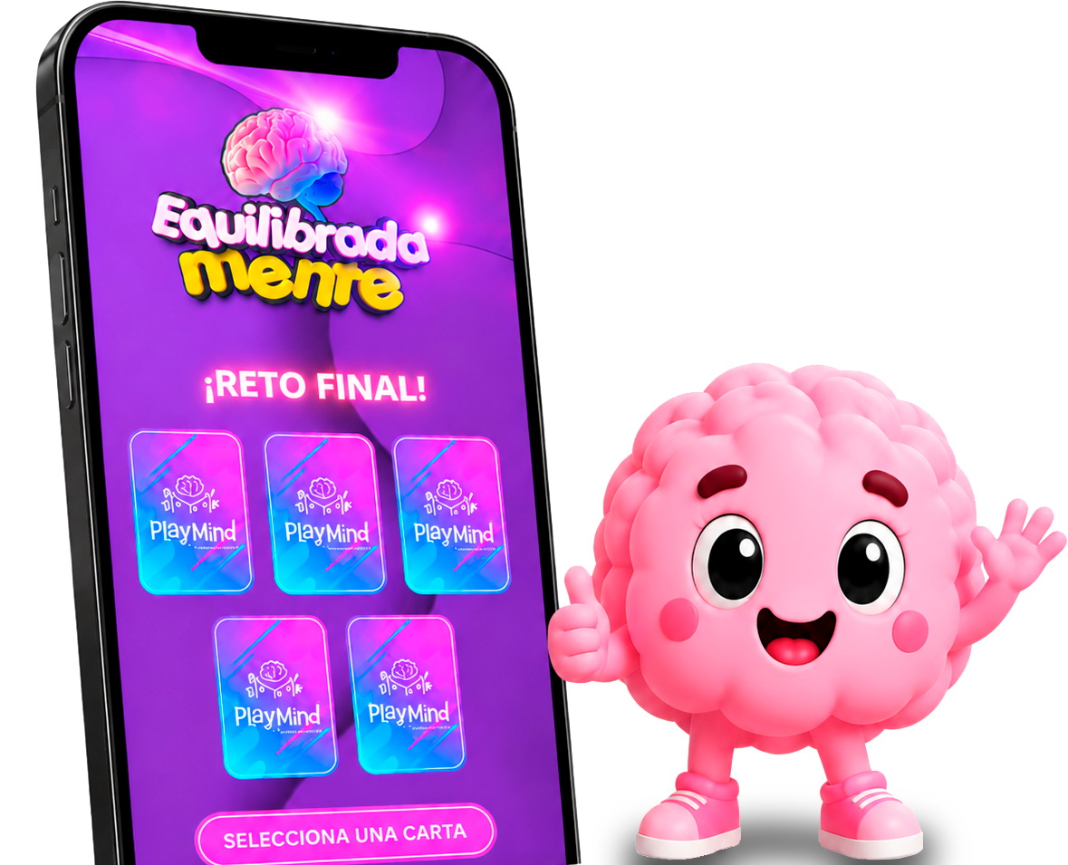Mascota de PlayMind junto a un celular con el reto final digital