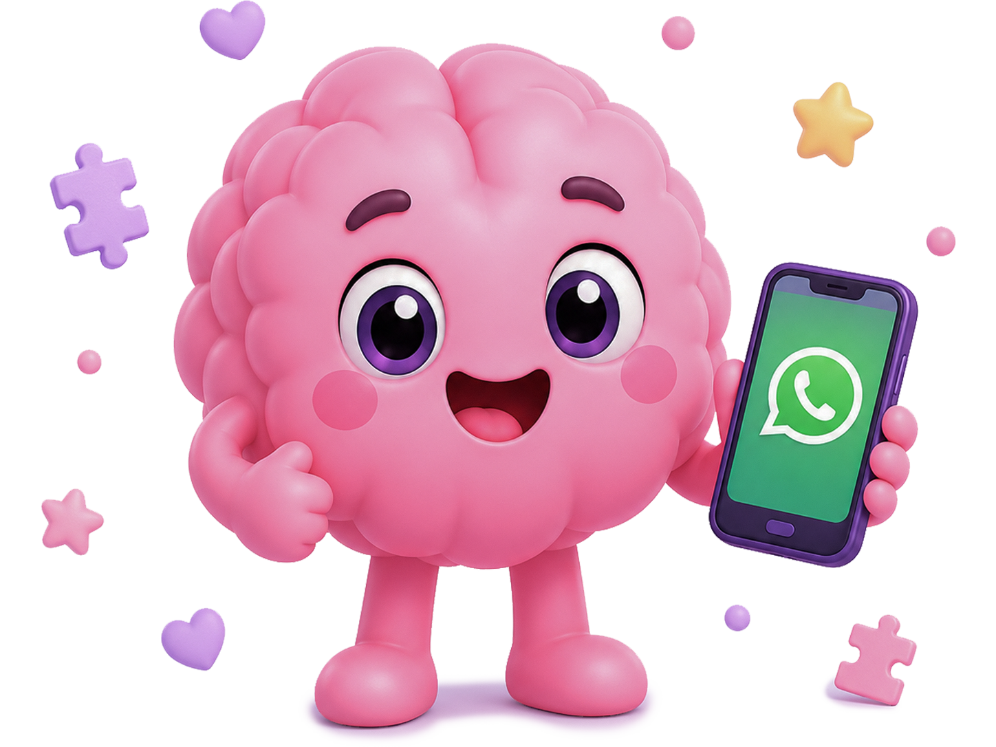 Mascota de PlayMind sosteniendo un teléfono con WhatsApp
