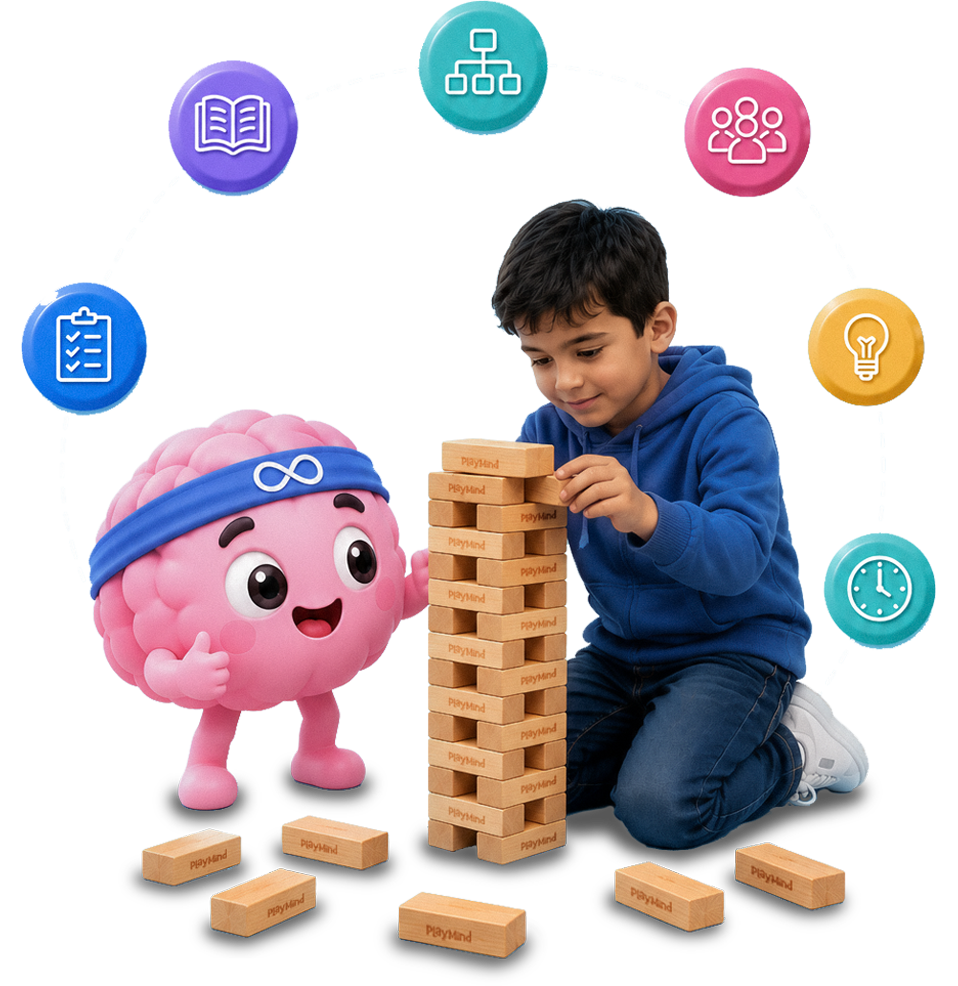 Niño jugando EquilibradaMente NeuroDiversidad junto a la mascota de PlayMind